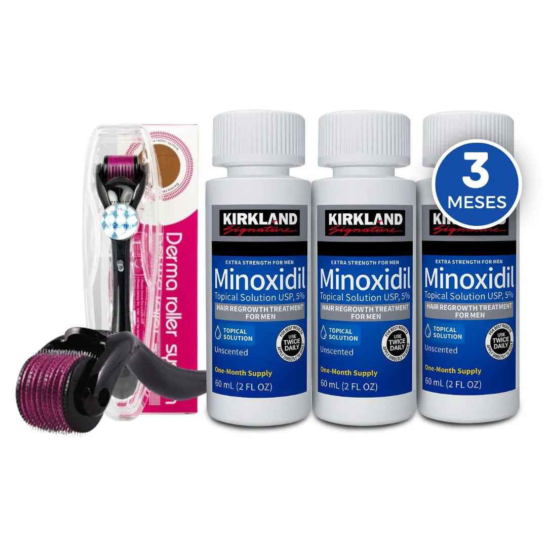 Kit 3 Minoxidil 5% + 1 Dermaroller 540 Agulhas 0.5 Mm
